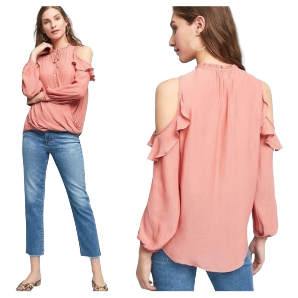 NWT Anthropologie Maeve Dusty Rose Cold Shoulder Faux Wrap Ruffle Top size M